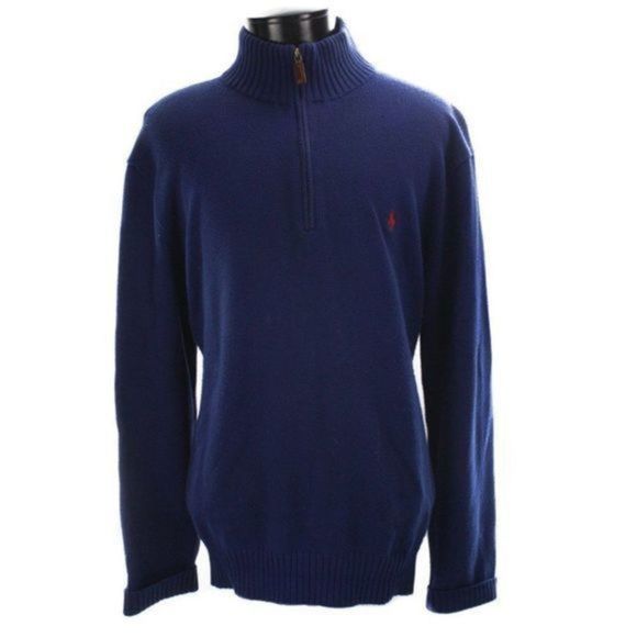 POLO RALPH LAUREN Navy Blue Quarter Zip Cotton Sweater Mens Size X-Large - Picture 1 of 7